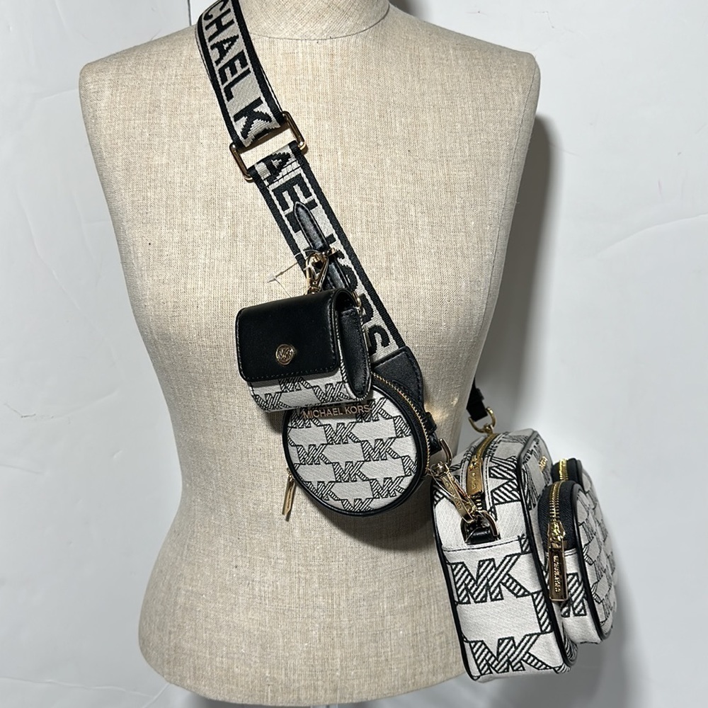Michael Kors Jacquard Jet Set travel crossbody black tech pocket pouches multi - Picture 8 of 12